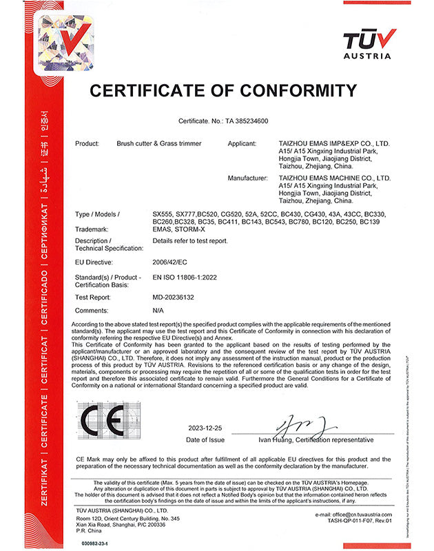 brush cutter Ce CERTIFICATE