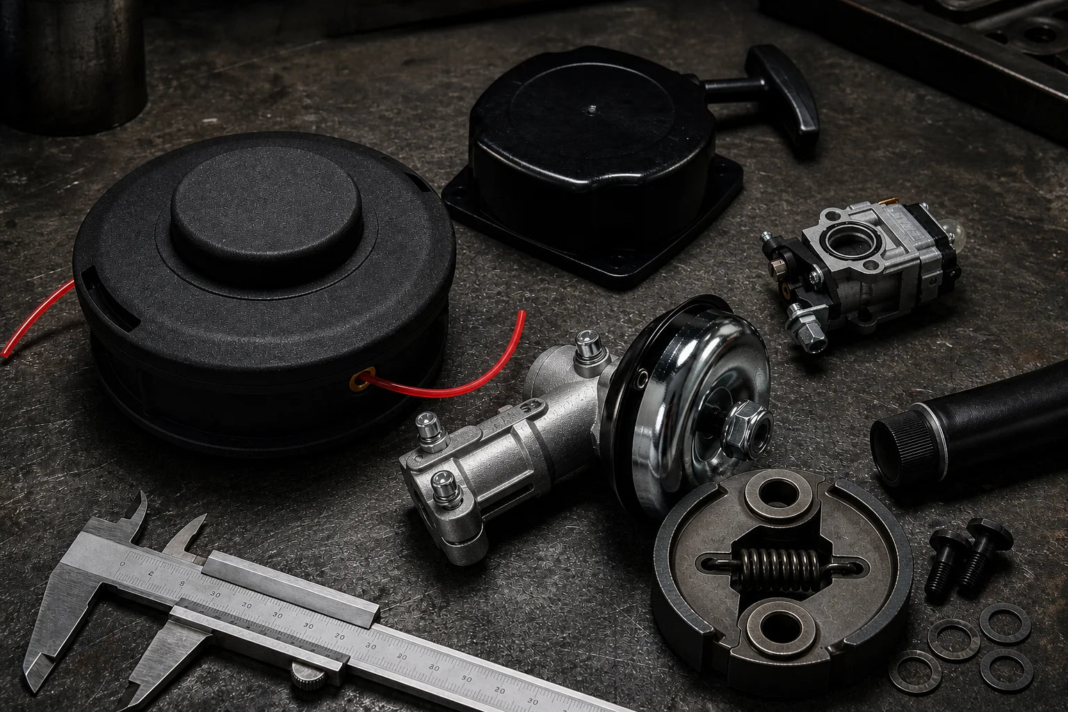Brush cutter 6 key wear parts maintenance breakdown on dark industrial workbench
