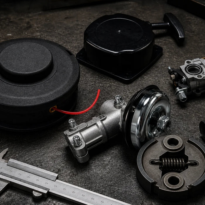 Brush cutter 6 key wear parts maintenance breakdown on dark industrial workbench