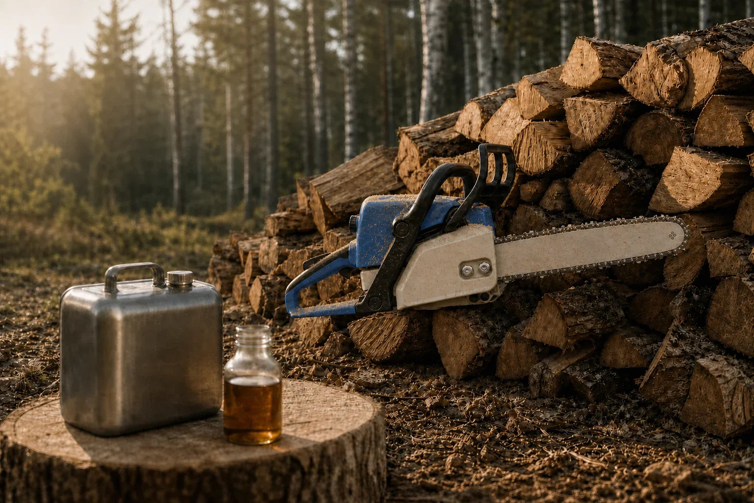Blue and cream petrol chainsaw resting on a split-log woodpile with a fuel can and a bottle of two-stroke oil in the foreground