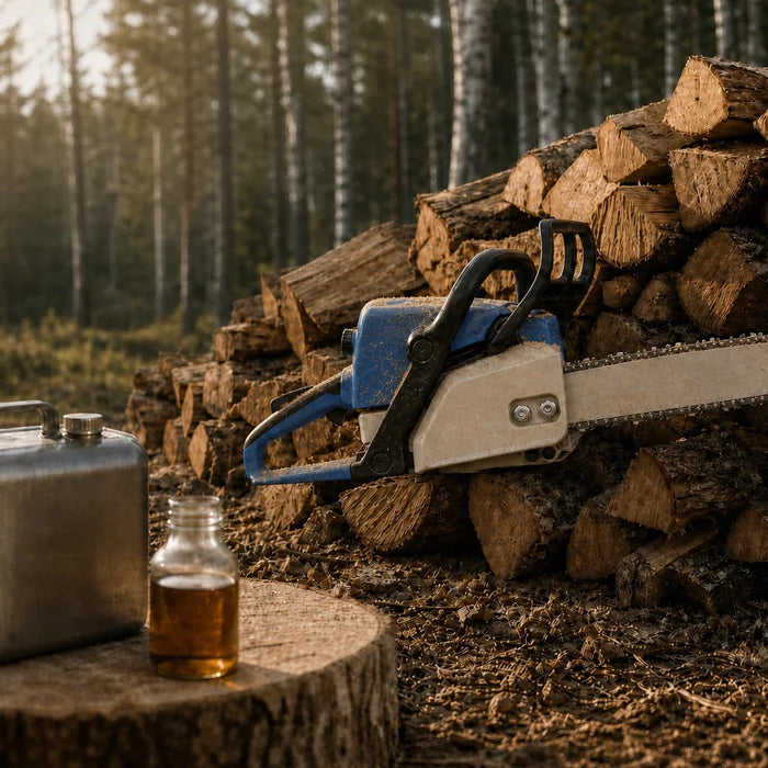 Blue and cream petrol chainsaw resting on a split-log woodpile with a fuel can and a bottle of two-stroke oil in the foreground