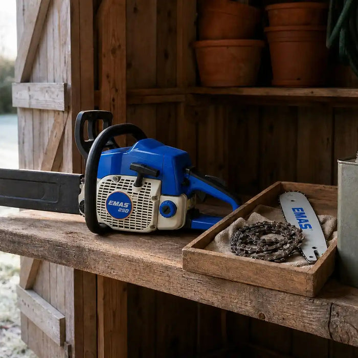 A chainsaw stored for the off-season on a timber shelf in a dry garden shed, bar cover fitted, with the bar and chain boxed separately beside it and an unmarked steel fuel can with its cap off