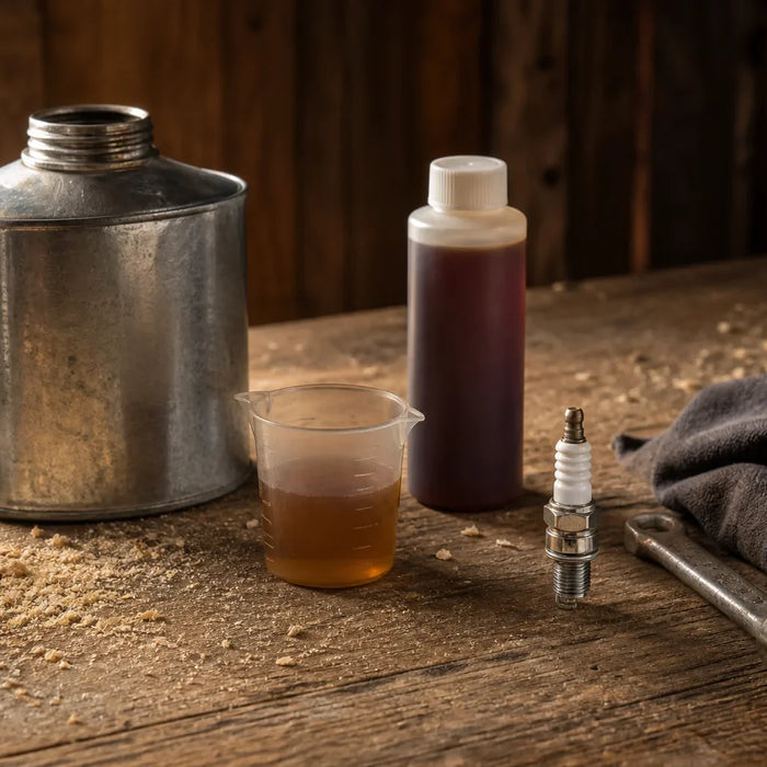 Service tools and consumables for a petrol chainsaw on a workshop bench: a fuel mixing jug, a measuring cup of two-stroke mix, a bottle of oil, a spark plug, a plug wrench and a rag