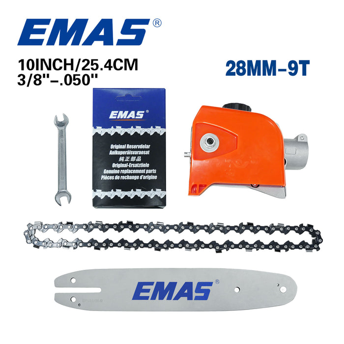 10 Inch Multi Tool Brush Cutter Adjustable Long Pole Saw Tree Pruning Saw Head with 3/8"-050"-40DL Guide bar and Chain, 26mm/28mm Gearbox Replacement Parts for a Pruning Saw