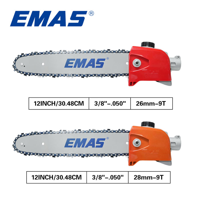 12 Inch Multi Tool Brush Cutter Adjustable Long Pole Saw Tree Pruning Saw Head with 3/8"-050"-44DL Guide bar and Chain, 26mm/28mm Gearbox Replacement Parts for a Pruning Saw