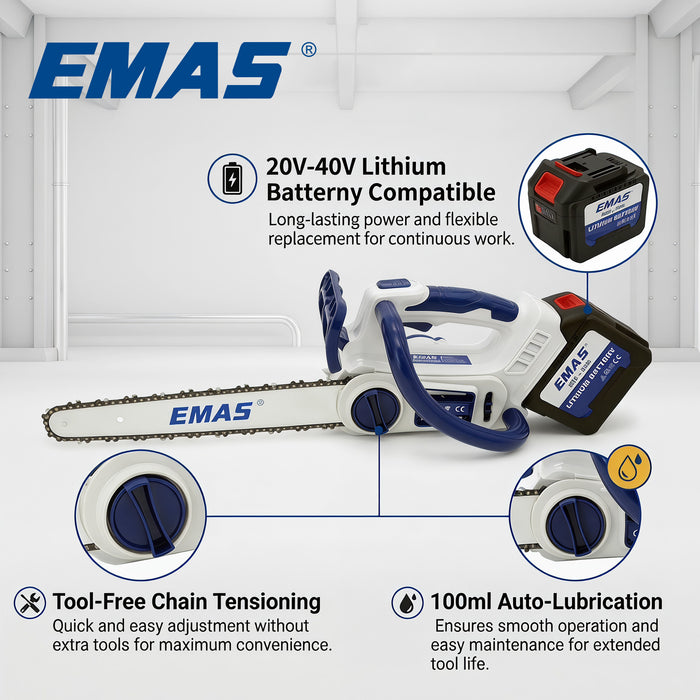 EMAS Professional 40V Lithium Battery Chainsaw EMLD5512 with 12in Guide Bar, Professional Spare Parts Replacement for Compatible Brand, Factory Wholesale Bulk Sale